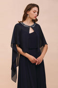 Marineblaues Brautjungfernkleid mit Perlenbesatz, bodenlanges Chiffon-Kleid für die Trauzeugin