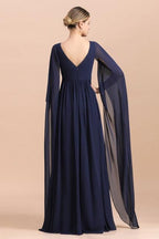 Navy Long Sleeve Chiffon Mother Of the Bride Dress With Ruffles Online