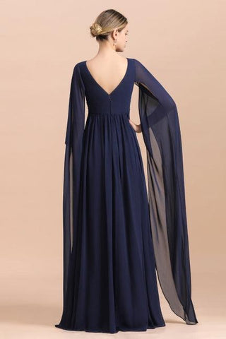 Marineblaues langärmliges Chiffonkleid für die Brautmutter mit Rüschen online