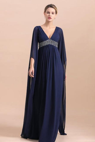 Marineblaues langärmliges Chiffonkleid für die Brautmutter mit Rüschen online