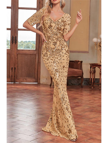 Meerjungfrau/Trompete Kleid für die Brautmutter, Hochzeitsgast, Sparkle &amp; Shine, elegant, V-Ausschnitt, bodenlang, Pailletten, kurze Ärmel, mit Paillettenblume