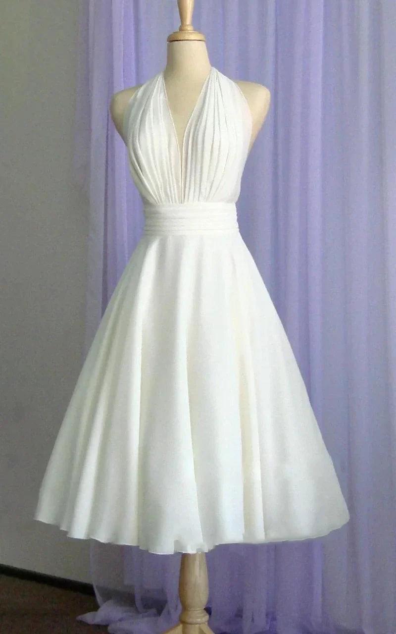 Vestido de novia vintage de gasa hasta la rodilla con cuello halter y lazo