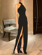 Mermaid Black Dress Evening Gown Elegant Dress Formal Wedding Guest Sweep / Brush Train Sleeveless Halter Neck Gothic Stretch Chiffon with Slit