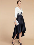 Numbersea A-Line Mother of the Bride Dress Wedding Guest Elegant Petite V Neck Asymmetrical Satin Lace Half Sleeve with Ruching