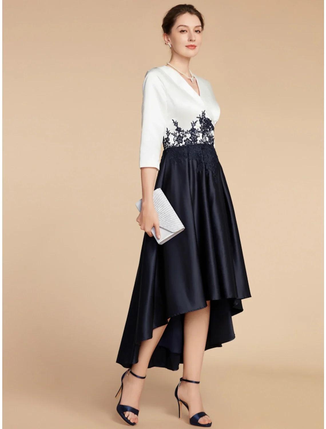 Numbersea A-Line Mother of the Bride Dress Wedding Guest Elegant Petite V Neck Asymmetrical Satin Lace Half Sleeve with Ruching
