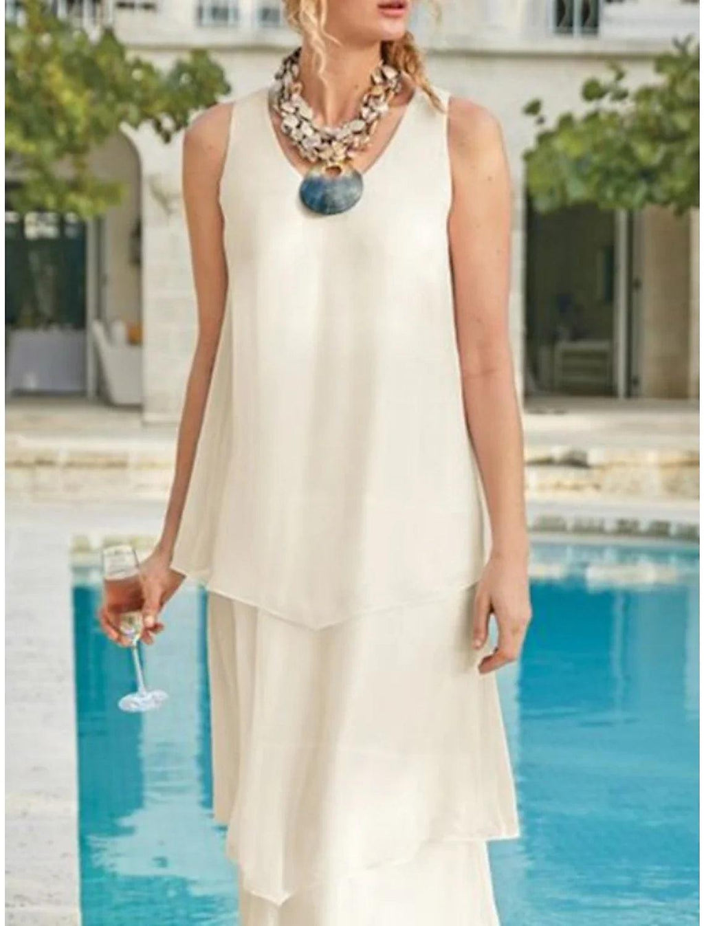 Kleid für die Brautmutter, Hochzeitsgast, elegant, schlicht, V-Ausschnitt, knöchellang, Chiffon, ärmellos, einfarbig