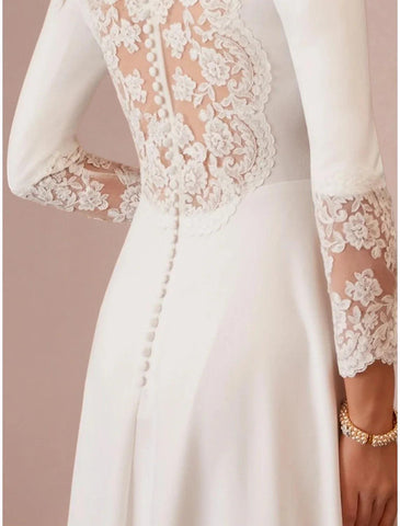 Kleine weiße Kleider Brautkleider A-Linie V-Ausschnitt Langarm Wadenlang Stretchstoff Brautkleider Mit Schleife(n) Einfarbig