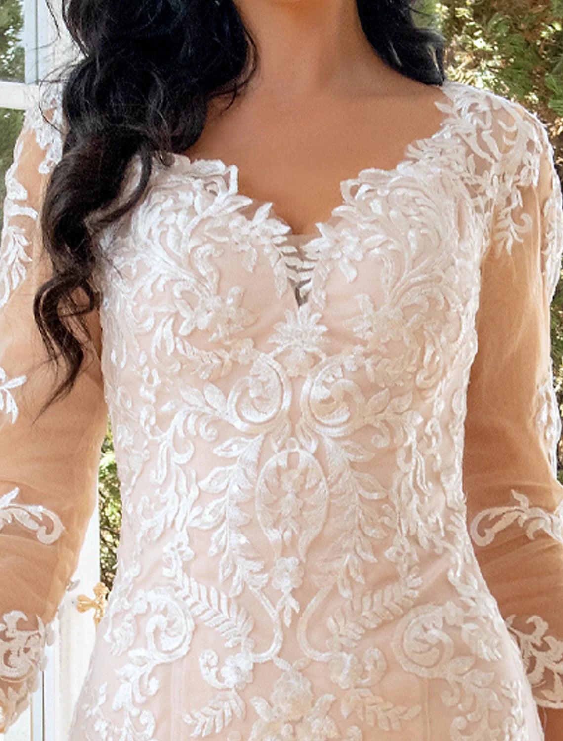 Vestidos de novia formales de otoño con escote corazón, corte sirena o trompeta, manga larga, cola larga y apliques de encaje
