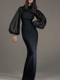 Vestido de noche formal elegante minimalista para invitados de boda, cuello alto, manga larga, largo hasta el suelo, licra, con corte en forma de tubo/columna