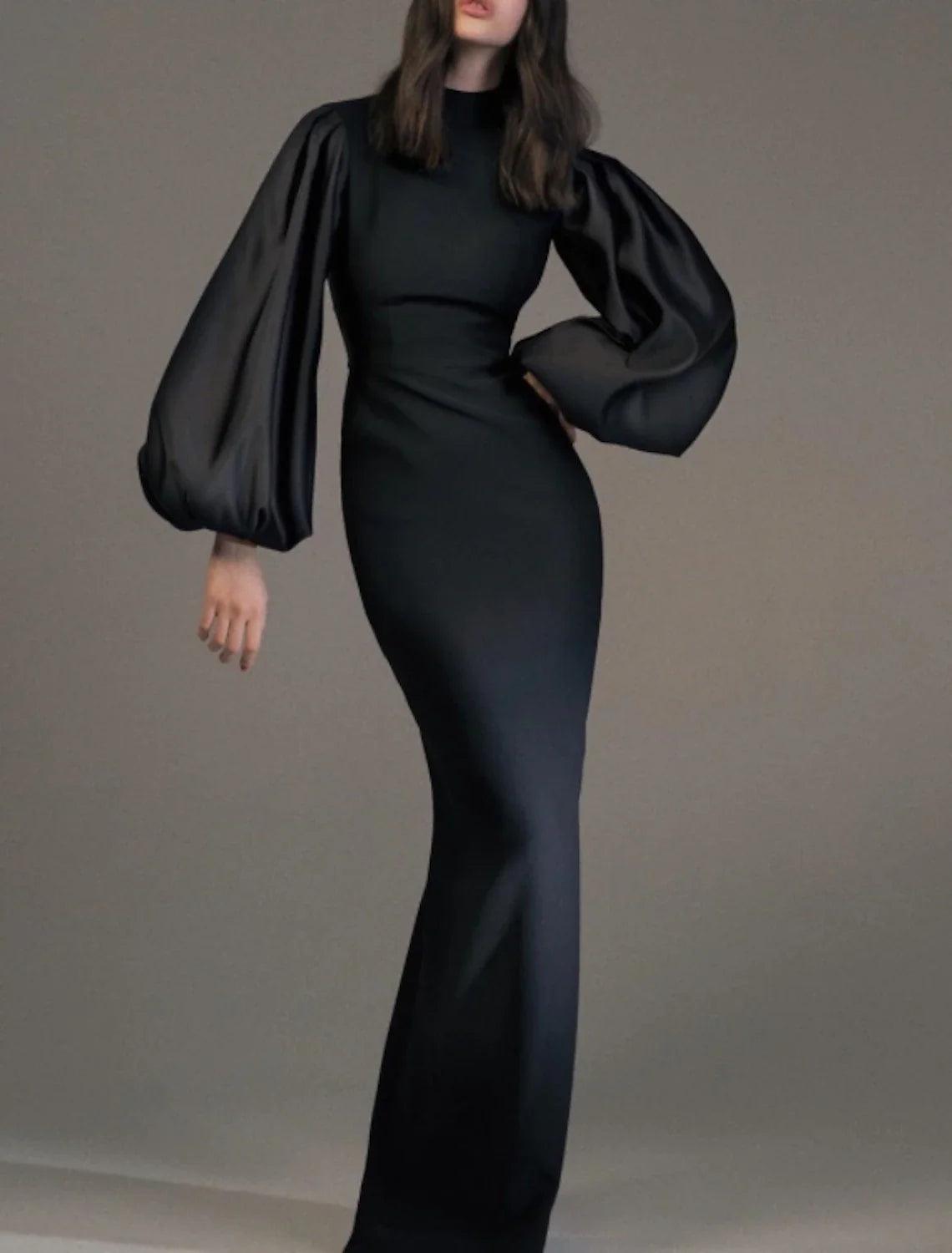 Vestido de noche formal elegante minimalista para invitados de boda, cuello alto, manga larga, largo hasta el suelo, licra, con corte en forma de tubo/columna