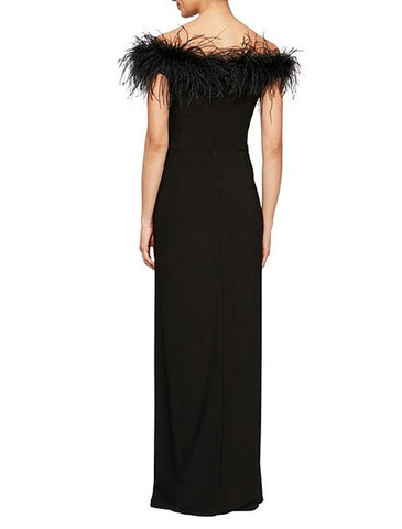 Robe de soirée élégante à épaules dénudées et manches courtes, longueur au sol, en satin extensible avec drapé de plumes/fourrure
