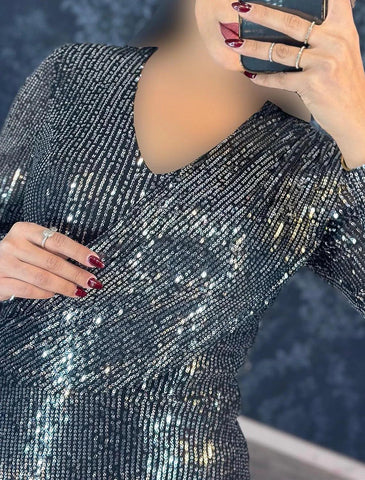 Meerjungfrau/Trompete Abendkleid Schwarzes Kleid Kleid Hochzeitsgast Herbst Bodenlang Langarm V-Ausschnitt Pailletten mit Pailletten