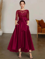Elegantes Kleid für die Brautmutter mit hohem, tiefem Ausschnitt, asymmetrischer Satinspitze, 3/4-Ärmeln und Spitzenschärpe/-band