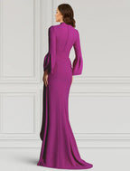 Etui-/Säulen-Abendkleid, elegantes Kleid, formelle Cocktailparty, bodenlang, lange Ärmel, V-Ausschnitt, Herbst, Hochzeitsgast, Stretchstoff mit Rüschen