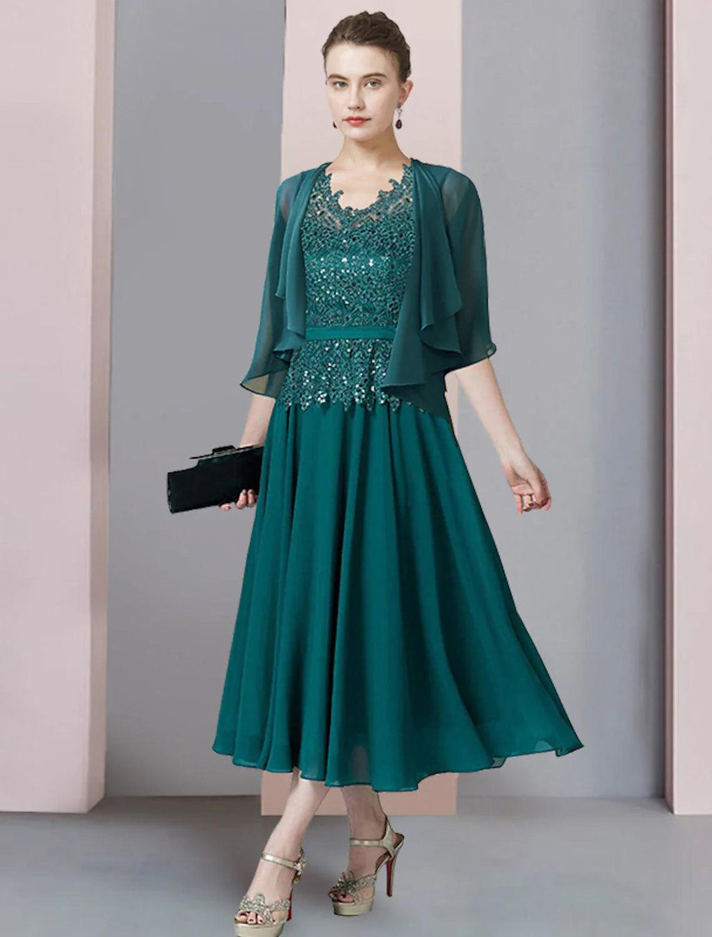 Zweiteiliges A-Linien-Kleid für die Mutter der Braut, formelle Hochzeitsgäste, eleganter V-Ausschnitt, wadenlanges Chiffon-Spitzenkleid mit kurzen Ärmeln und Pailletten-Applikationen