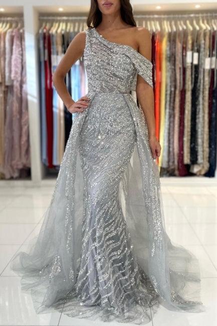 Vestido de fiesta de sirena con encaje, sin mangas y un solo hombro, con lentejuelas