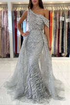 Vestido de fiesta de sirena con encaje, sin mangas y un solo hombro, con lentejuelas