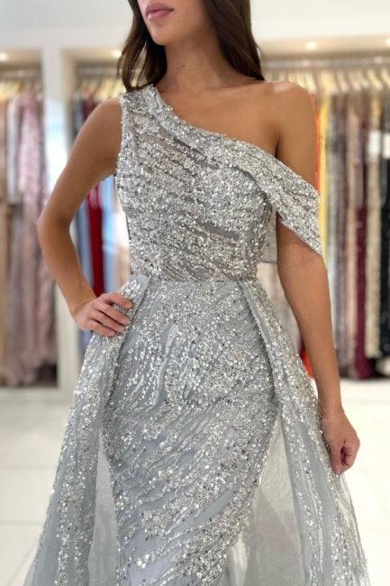 Vestido de fiesta de sirena con encaje, sin mangas y un solo hombro, con lentejuelas