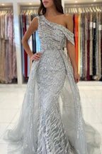 Vestido de fiesta de sirena con encaje, sin mangas y un solo hombro, con lentejuelas
