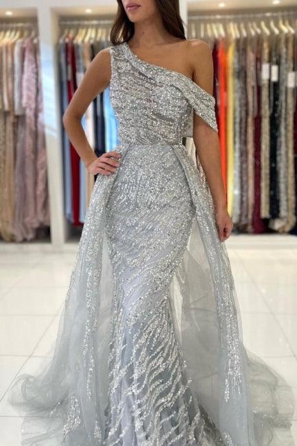 Vestido de fiesta de sirena con encaje, sin mangas y un solo hombro, con lentejuelas