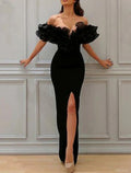 Etui-Linie/Säule, elegantes Ball-/Abendkleid, schulterfrei, kurze Ärmel, bodenlang, Chiffon, mit Schlitz vorne, kaskadierende Rüschen