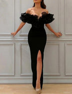 Etui-Linie/Säule, elegantes Ball-/Abendkleid, schulterfrei, kurze Ärmel, bodenlang, Chiffon, mit Schlitz vorne, kaskadierende Rüschen