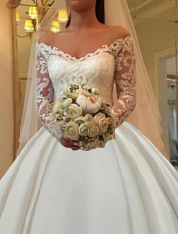 Verlobungs-Hochzeitskleider für den Herbst, Ballkleid, schulterfrei, langärmlig, Kapellenschleppe, Satin-Brautkleider mit Applikationen, einfarbig