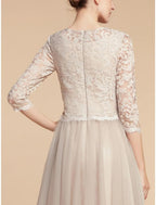 A-Line Mother of the Bride Dress Wedding Guest Elegant Petite Jewel Neck Knee Length Chiffon Lace 3/4 Length Sleeve with Pleats Sequin