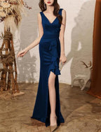 Mermaid / Trumpet Minimalist Elegant Wedding Guest Formal Evening Dress V Neck Sleeveless Floor Length Stretch Fabric with Ruffles Slit