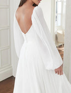 Hall Casual Brautkleider A-Linie Square Neck Langarm Hofschleppe Chiffon Brautkleider mit Schleife(n) Einfarbig
