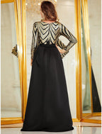 Vestido de noche sirena/trompeta con brillo y brillo, vestido formal para boda, largo hasta el suelo, manga larga, cuello en V, poliéster desmontable con sobrefalda de lentejuelas
