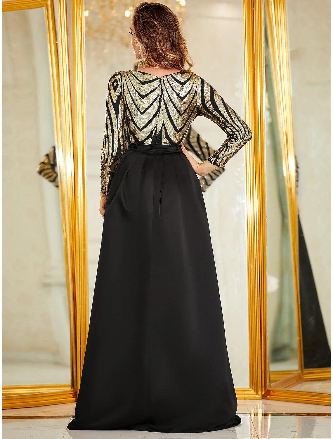 Vestido de noche sirena/trompeta con brillo y brillo, vestido formal para boda, largo hasta el suelo, manga larga, cuello en V, poliéster desmontable con sobrefalda de lentejuelas