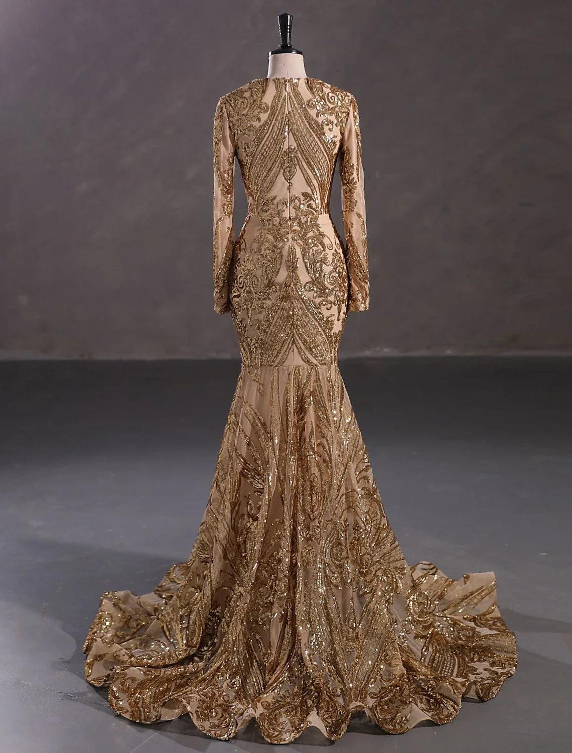 Meerjungfrau/Trompete Abendkleid Sparkle &amp; Shine Kleid Formal Hofschleppe Langarm V-Ausschnitt Afroamerikanische Spitze mit Pailletten