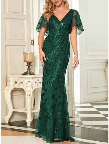 Meerjungfrau/Trompete Mutter der Braut Kleid Hochzeitsgast Sparkle &amp; Shine Elegant V-Ausschnitt Bodenlang Pailletten Kurzarm mit Falten Pailletten