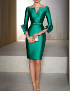 Vestido navideño rojo y verde para cóctel, elegante, verde esmeralda, para invitada de boda otoñal, para madre, formal, largo hasta la rodilla, manga 3/4, escote en V, satén con faja/cinta, color puro.