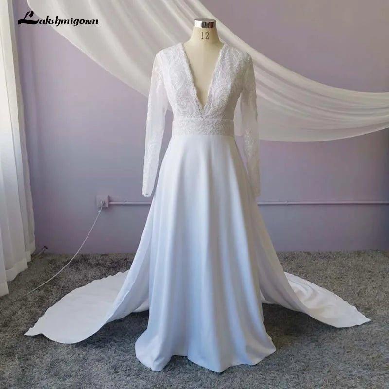 NumberSea - NumberSea 2020 Long White Lace A - line Wedding Dresses Bridal Gowns with see - through long sleeves vestido de noiva real photos