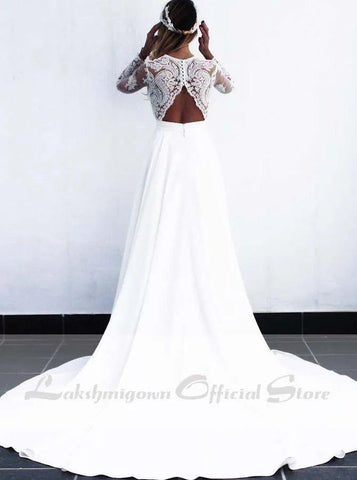 NumberSea - NumberSea 2020 Long White Lace A - line Wedding Dresses Bridal Gowns with see - through long sleeves vestido de noiva real photos
