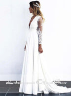 NumberSea - NumberSea 2020 Long White Lace A - line Wedding Dresses Bridal Gowns with see - through long sleeves vestido de noiva real photos