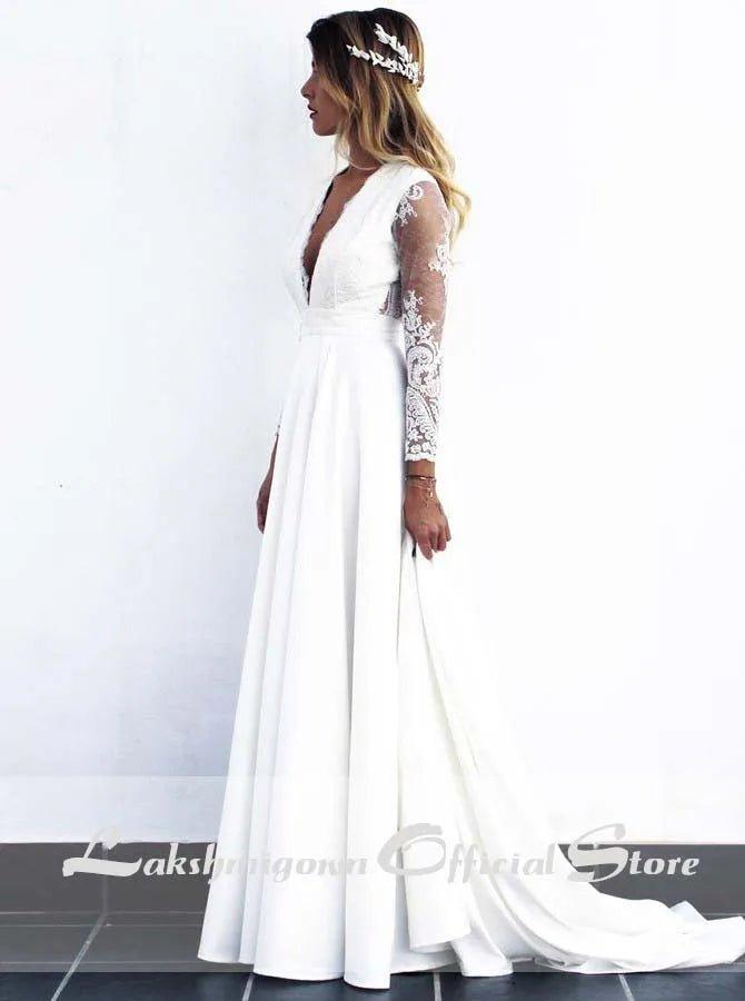 NumberSea - NumberSea 2020 Long White Lace A - line Wedding Dresses Bridal Gowns with see - through long sleeves vestido de noiva real photos