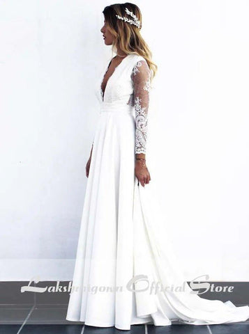 NumberSea - NumberSea 2020 Long White Lace A - line Wedding Dresses Bridal Gowns with see - through long sleeves vestido de noiva real photos