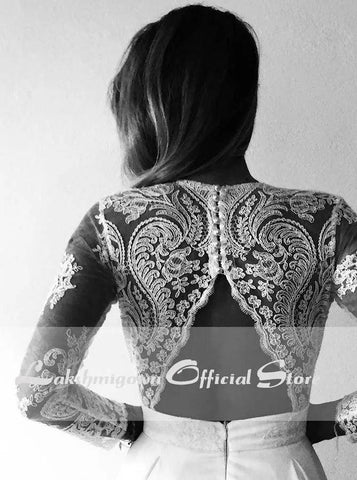 NumberSea - NumberSea 2020 Long White Lace A - line Wedding Dresses Bridal Gowns with see - through long sleeves vestido de noiva real photos