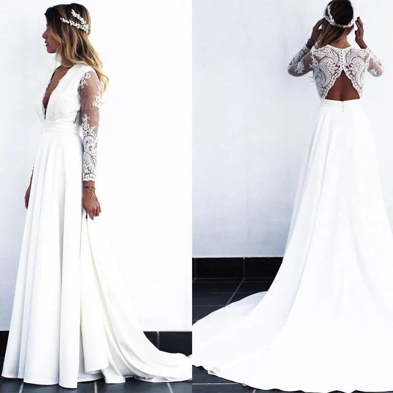 NumberSea - NumberSea 2020 Long White Lace A - line Wedding Dresses Bridal Gowns with see - through long sleeves vestido de noiva real photos