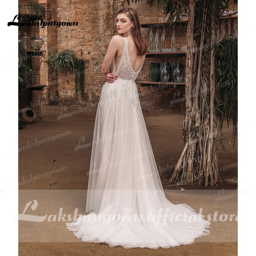 NumberSea - NumberSea 2021 Beach Boho Deep V Neck Sleeveless Sexy High Split Lace Wedding Dresses