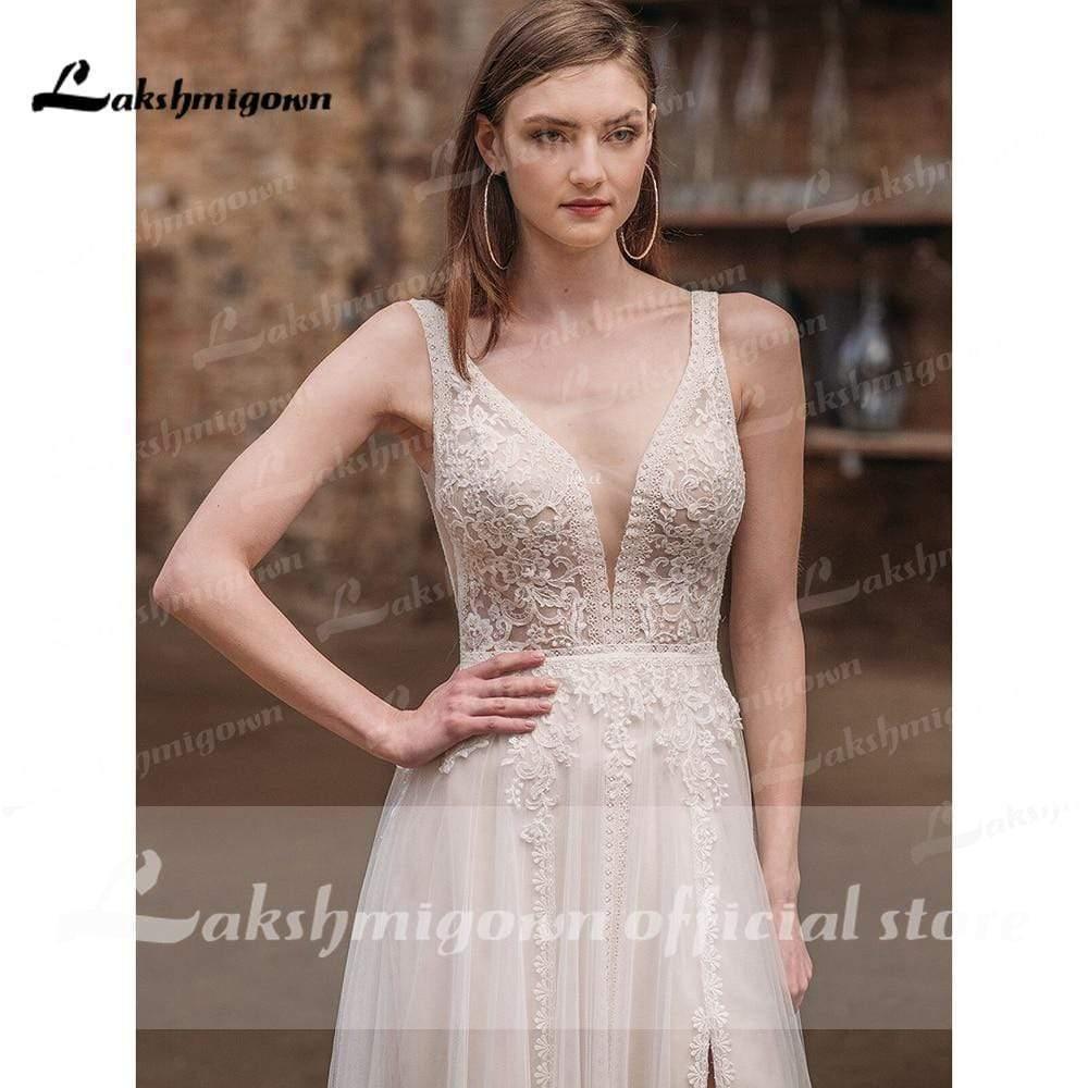 NumberSea - NumberSea 2021 Beach Boho Deep V Neck Sleeveless Sexy High Split Lace Wedding Dresses