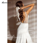 NumberSea - NumberSea 2021 Bohemian Wedding Dresses Charming Lace Mermadi Bridal Gown V Neck Sweep Train Wedding Dresses Satin Bridal Dress