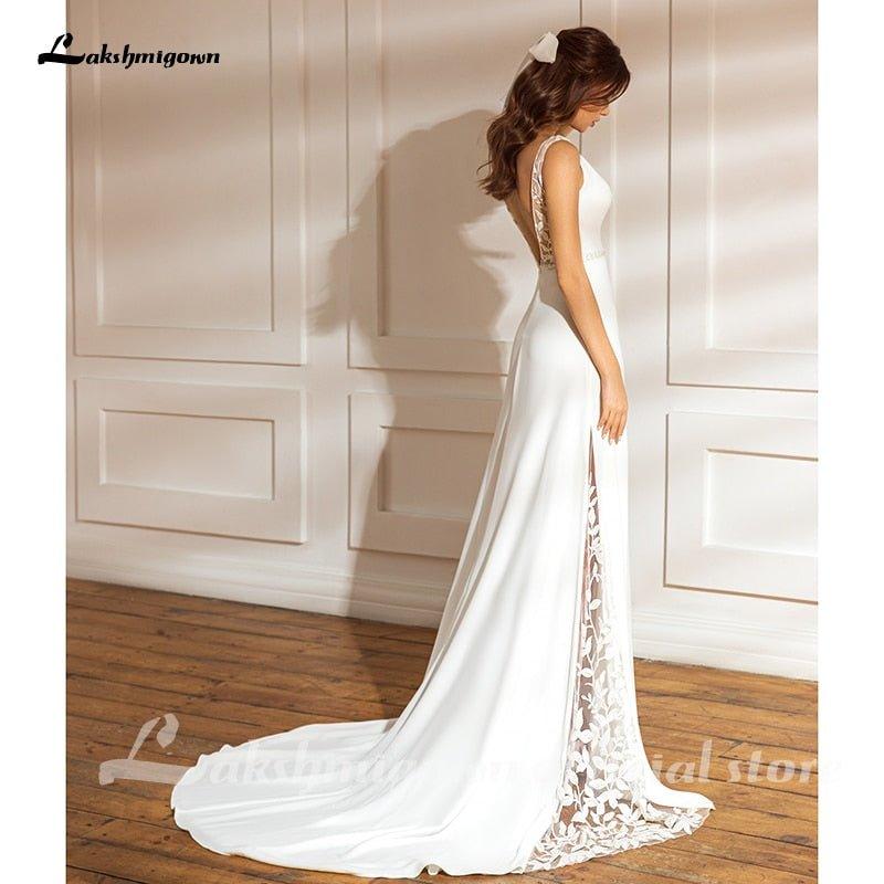 NumberSea - NumberSea 2021 Bohemian Wedding Dresses Charming Lace Mermadi Bridal Gown V Neck Sweep Train Wedding Dresses Satin Bridal Dress
