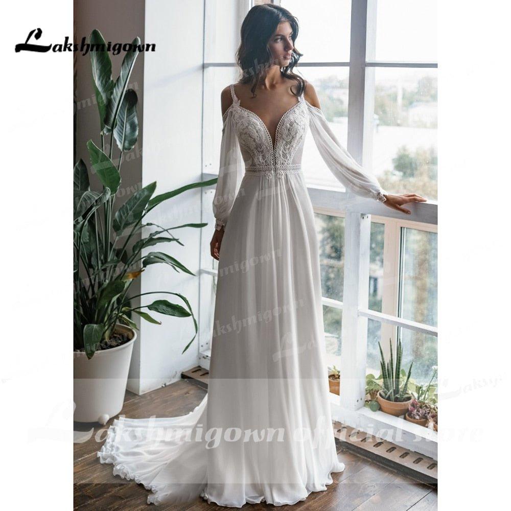 NumberSea - NumberSea 2021 Long Sleeve Off Shoulder Spaghetti Straps Deep V Neck Wedding Dresses Lace Chiffon Bohemian stylerobe de mariée fille
