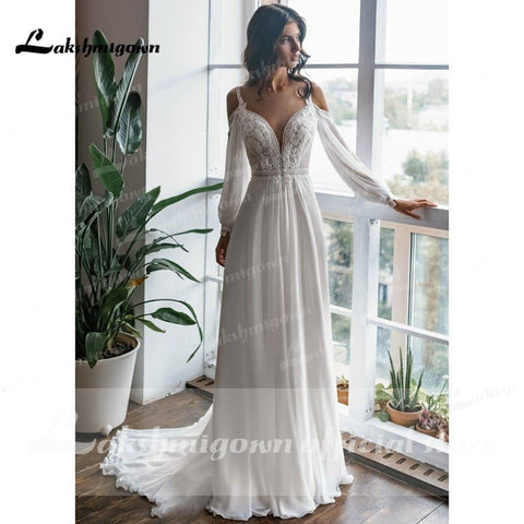 NumberSea - NumberSea 2021 Long Sleeve Off Shoulder Spaghetti Straps Deep V Neck Wedding Dresses Lace Chiffon Bohemian stylerobe de mariée fille