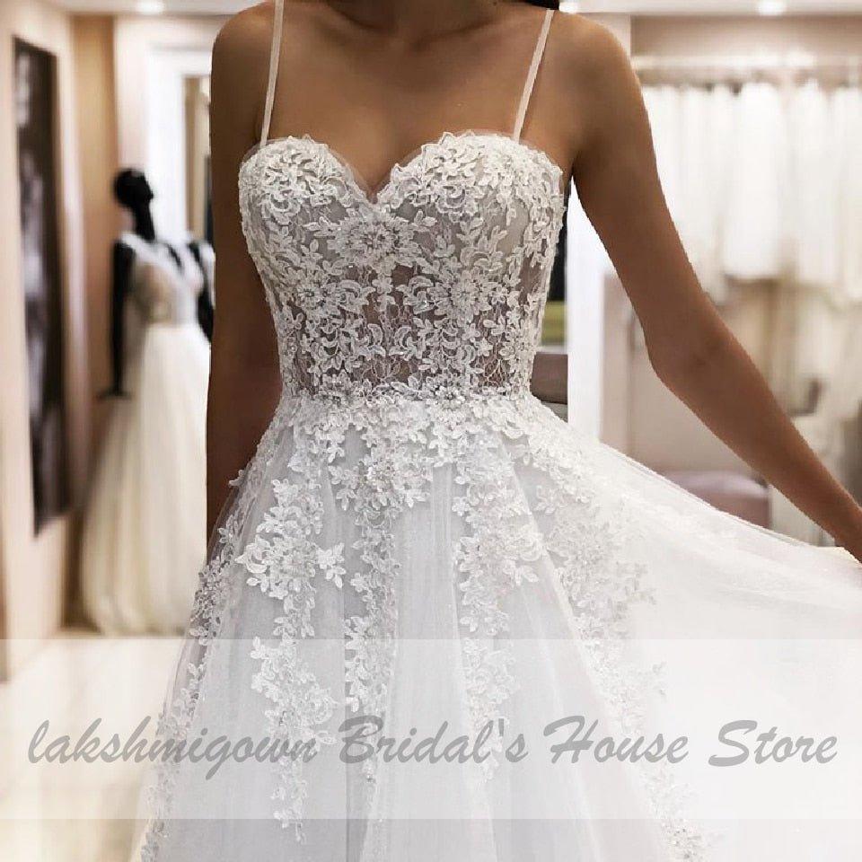 NumberSea - NumberSea 2021 Trouwjurk Sexy A Line Wedding Dress Spaghetti Straps Vintage Lace Applique Beaded Off White Tulle Mariage Long Bridal Dress
