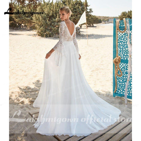 NumberSea - NumberSea 2021 V Neck Lace Chiffon Bohemia Style Backless V Shape Back Wedding Dresses Flare Sleeve A Line Boho vestido para boda playa
